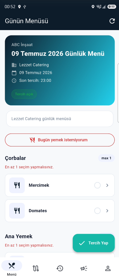 Günün menüsü ve yemek seçimi ekranı